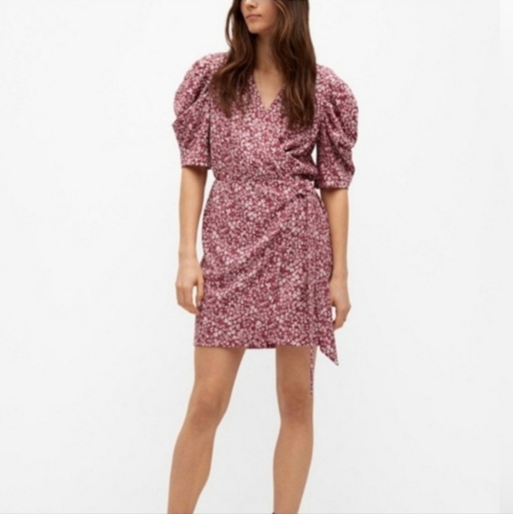 Mango Romantic Floral Wrap Dress Printed Dress with Puff Sleeves Size 4 - Picture 6 of 16
